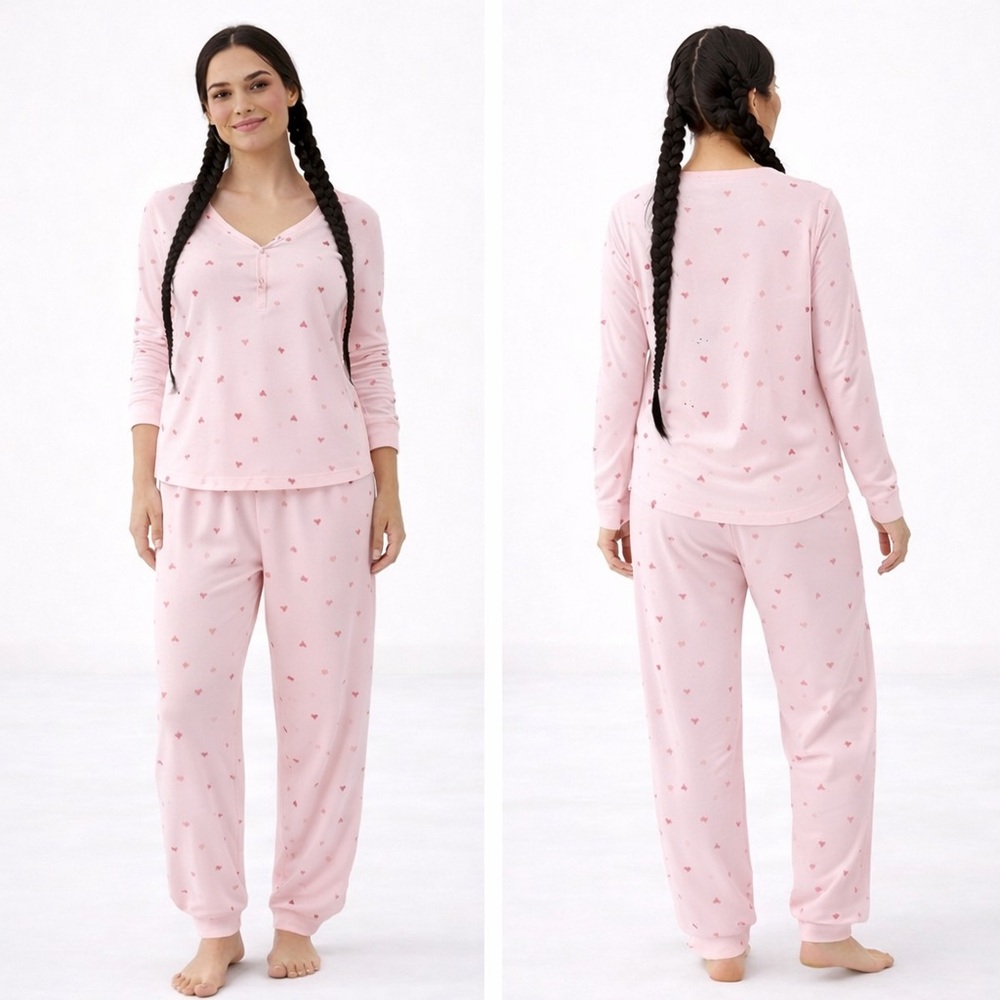 Laura Ashley NWT Pink Heart Pajama Set Large Long Sleeve Top Pants Cozy Size L